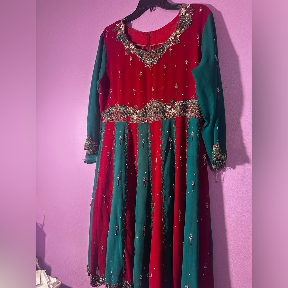 Red and Green Anarkali, Two Piece